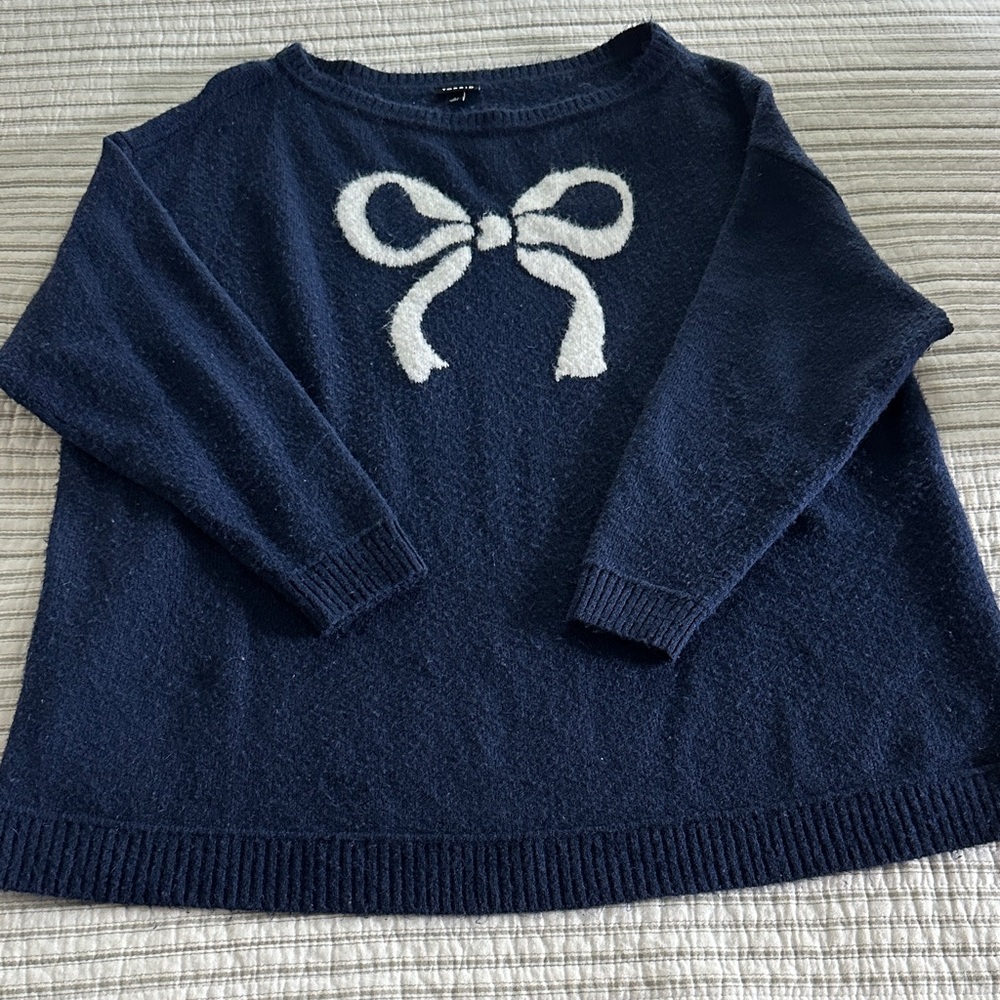 Torrid Navy Sweater with White Bow Accent